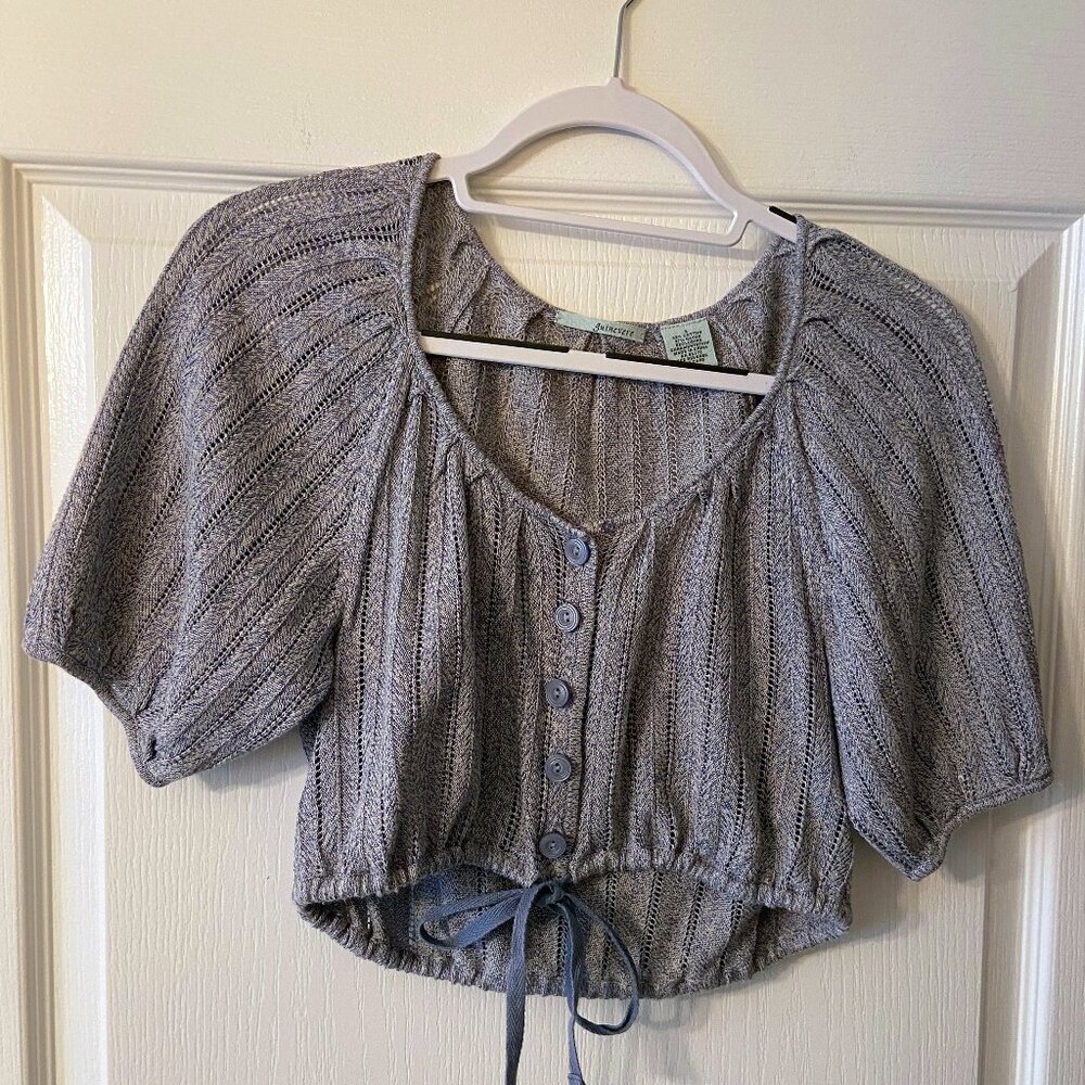 Guinevere Anthropologie Knit Pointelle Blue Cropped Cardigan Shirt Sleeve Small